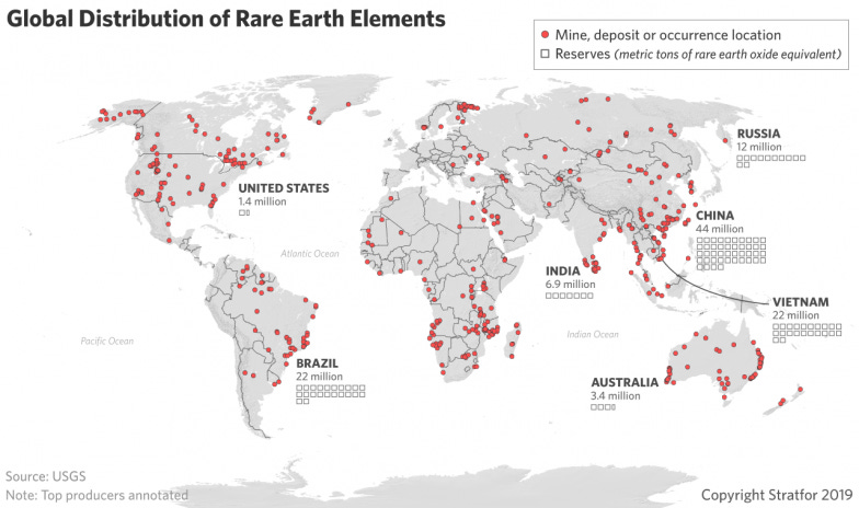 A map showing the global distribution of rare earth elements.