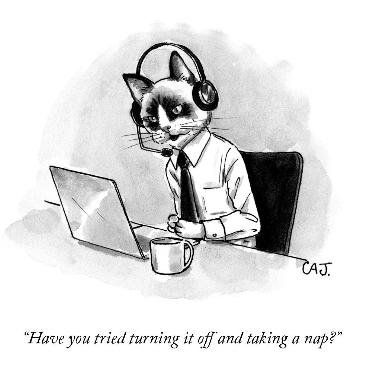 Comic of cat wearing headset saying "Did you try turning it off and taking a nap?"
