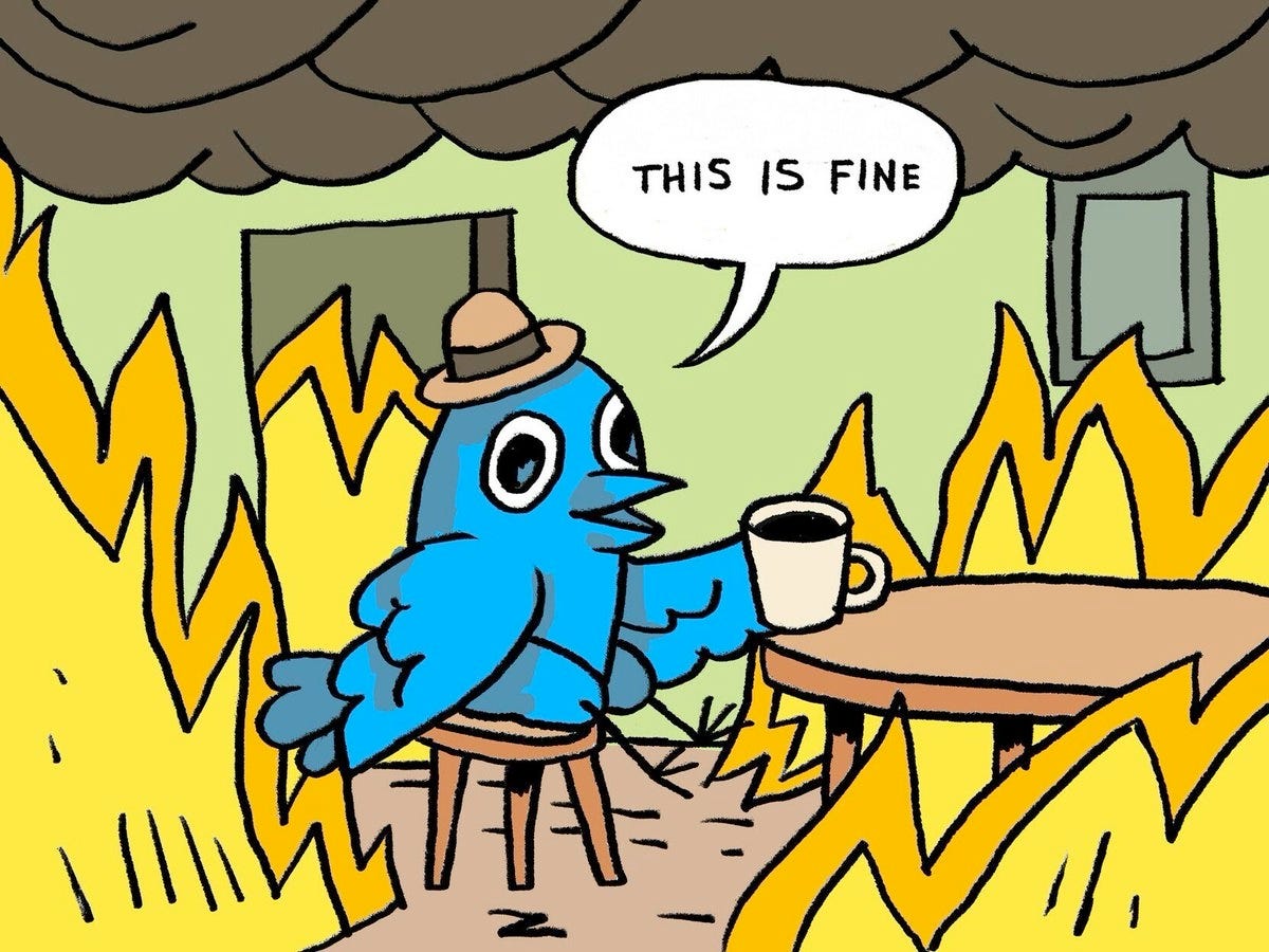 This is fine meme, except instead of a dog sitting in the burning room saying this is fine, it’s a blue bird invoking the twitter logo blue bird. This is fine meme, except instead of a dog sitting in the burning room saying this is fine, it’s a blue bird invoking the twitter logo blue bird. 