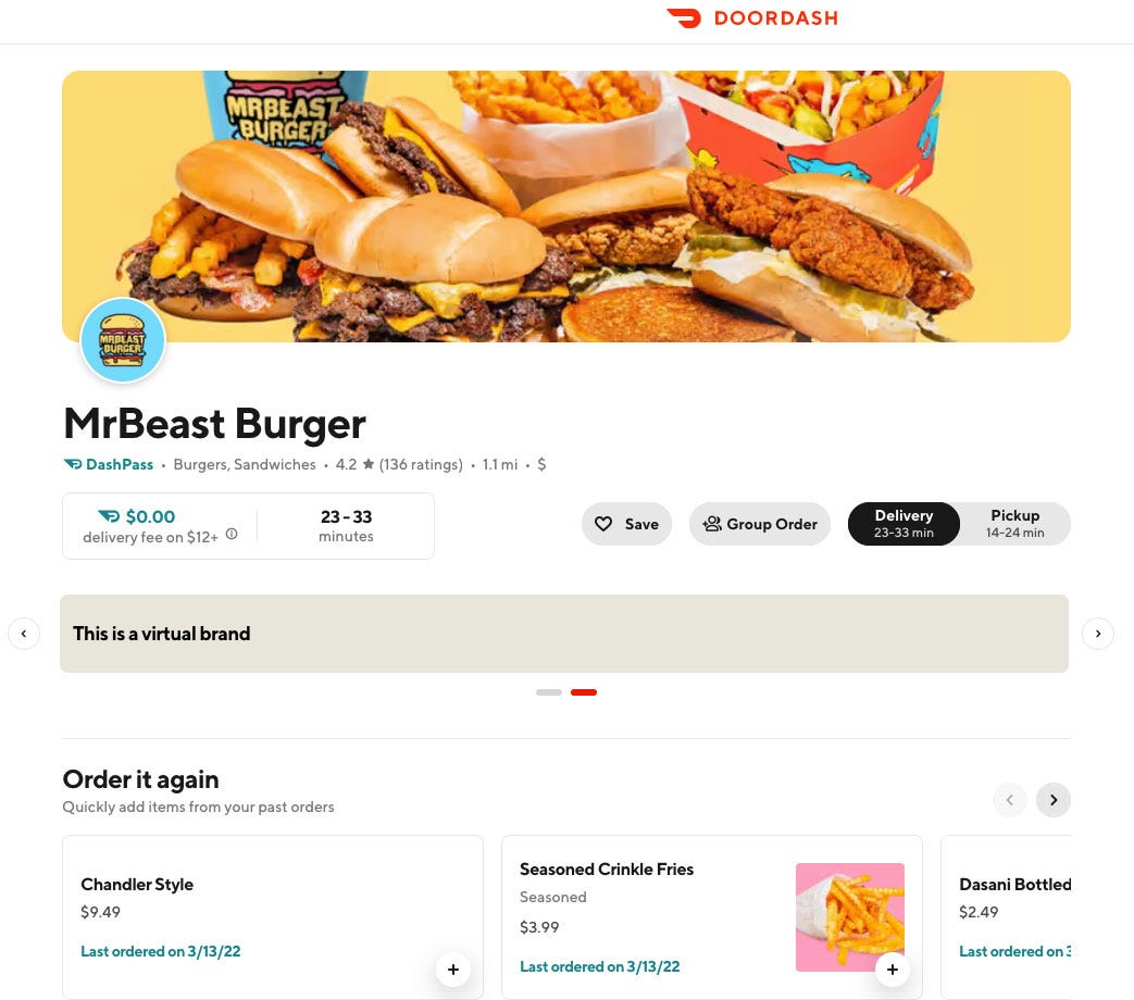 Screenshot of MrBeast Burger's DoorDash page, which notes that it is a virtual brand