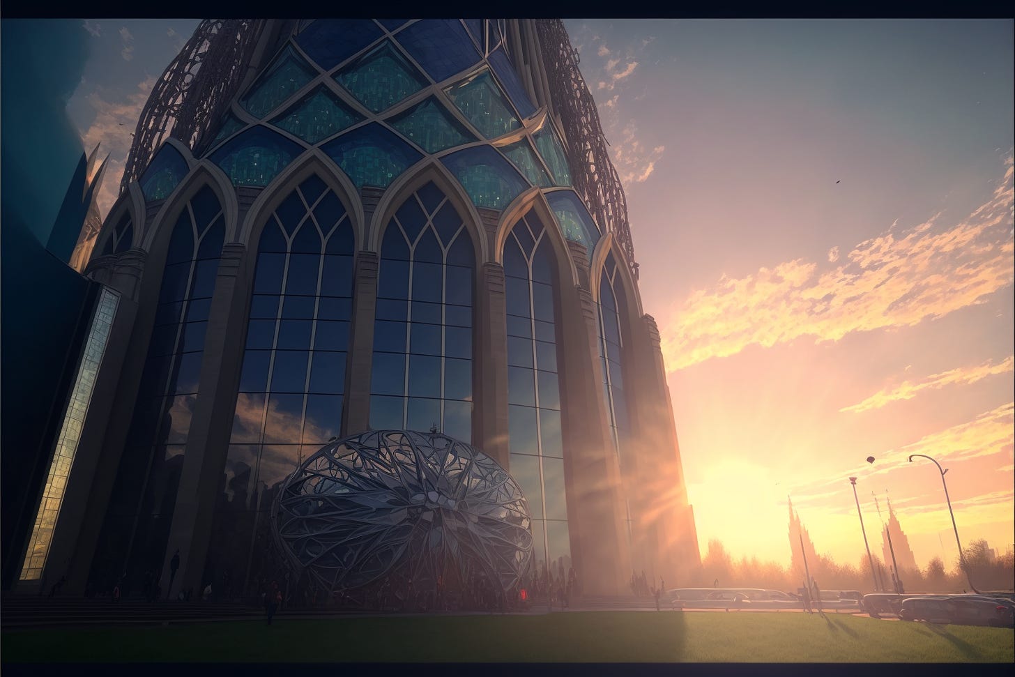 the sun setting behind an art nouveau skyscraper cathedral with stained glass windows
