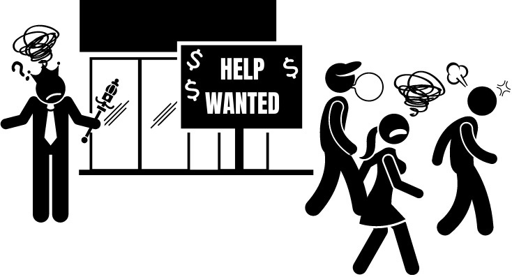 Potential employees walking past boss with help wanted sign