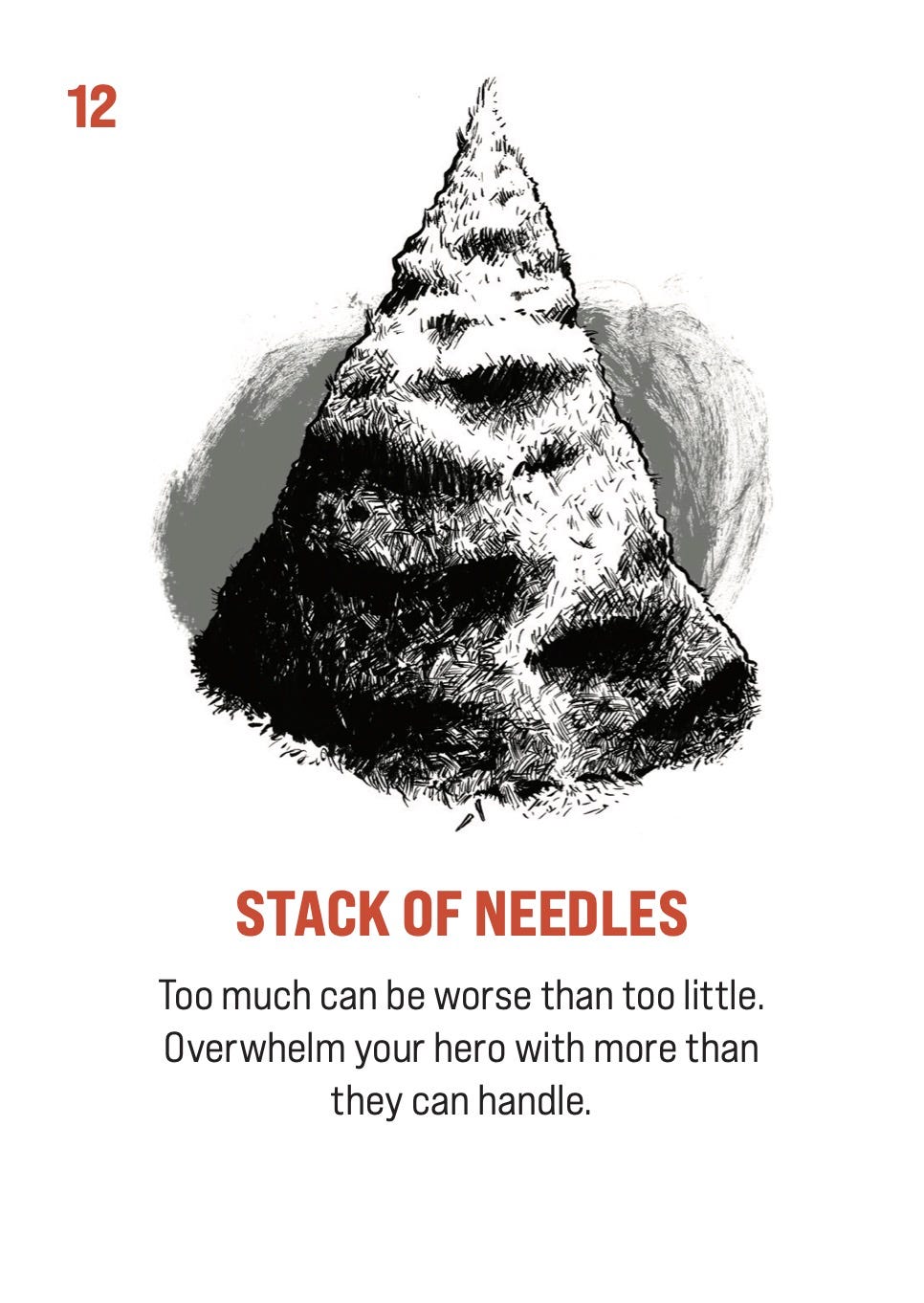 Writer Emergency Pack Card 12 Stack of Needles with an illustration of a mountain of needles.