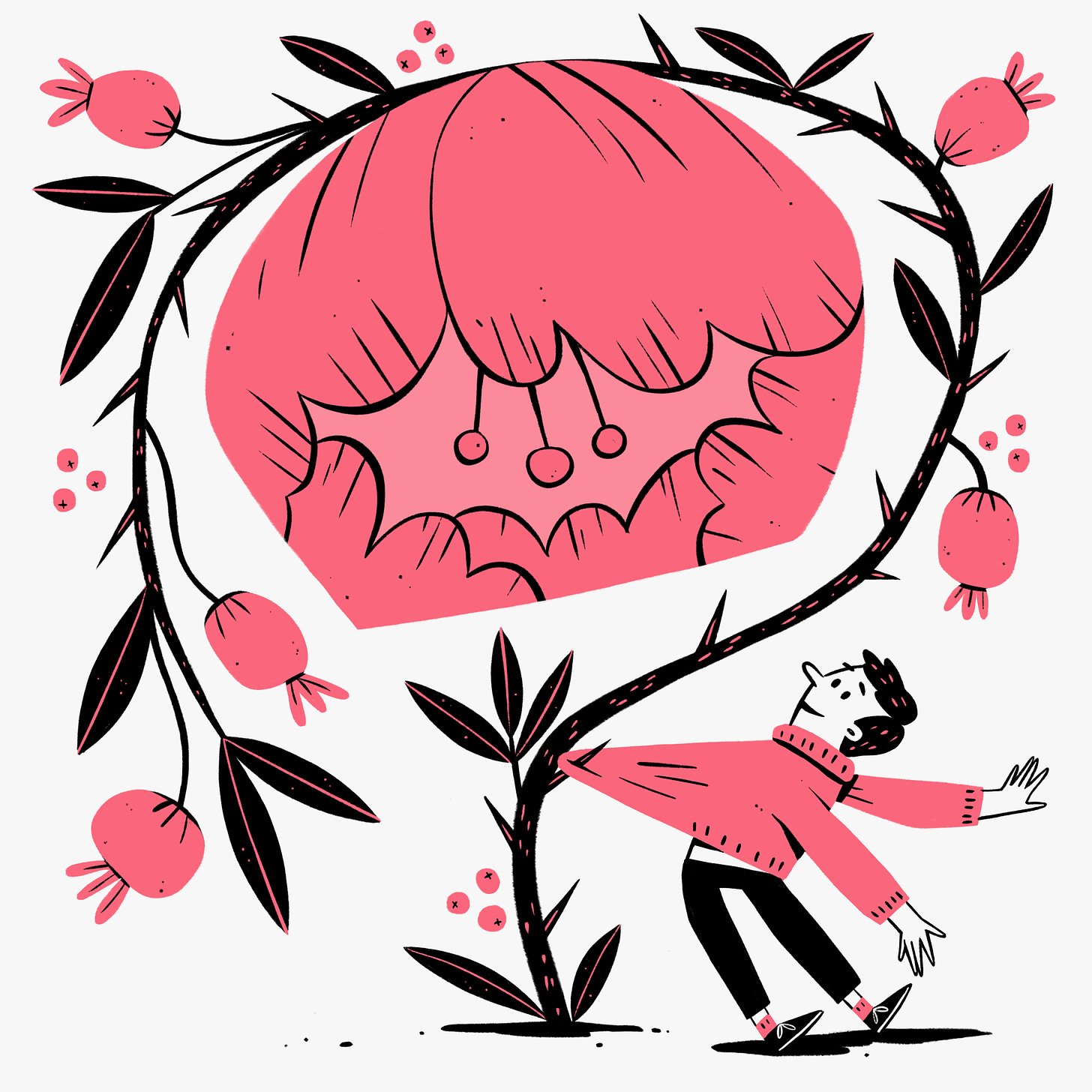 An illustration of a man who has caught his jumper on a large beautiful flower.