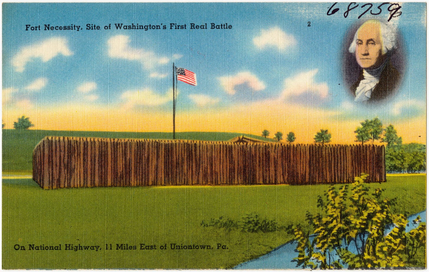Post card depicting fort necessity with a flag flying. George Washington is depicted in the upper right hand corner.
