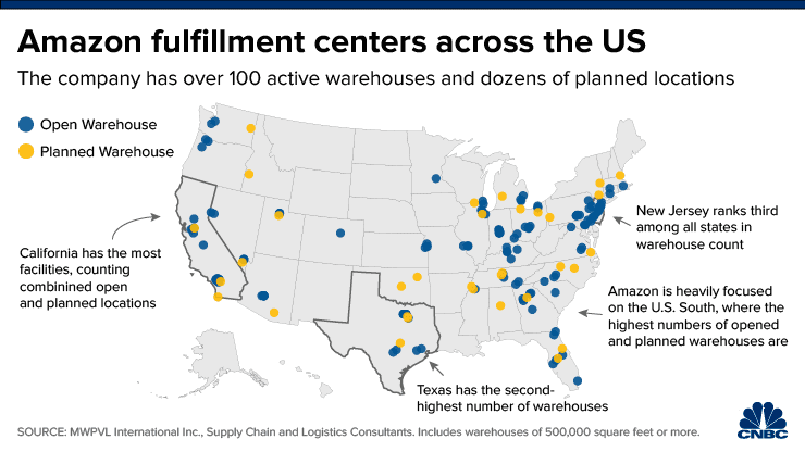 Map of Amazon warehouses