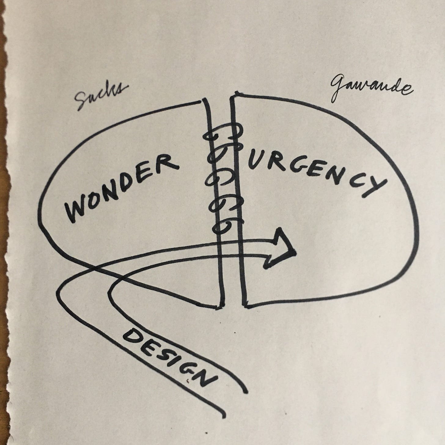 A piece of paper with a sketch in black ink: two halves of a circle, one marked "wonder" and the other "urgency, bound at the center by a series of coils, as in a notebook. Above wonder is the name "Sacks" and above "urgency" is the name "Gawande." An arrow at the bottom curves to enter the "wonder" sphere from the left, indicating a move from wonder to urgency, as left to right.