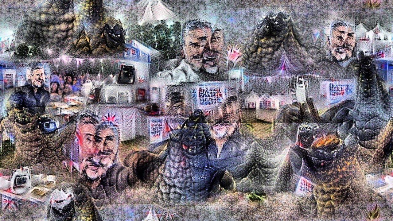 Now Godzilla and Paul Hollywood are seen mostly from torso up. Paul Hollywood's face is in several pieces and godilla doesn't really have a face, more of a hulking presence. Also everything has a dewy glow like a 1990s mall photo.