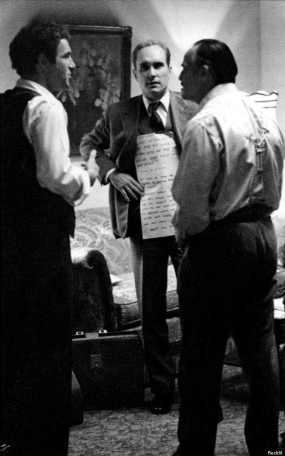 When filming The Godfather, Marlon Brando would often read his lines off cue  cards, sometimes even stuck on other actors, whose backs were to the  camera. : r/MovieDetails