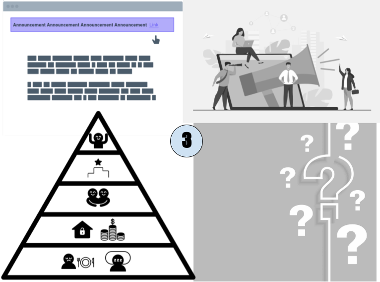 image showing an announcement page, people around big hand mic, a pyramid, and question marks