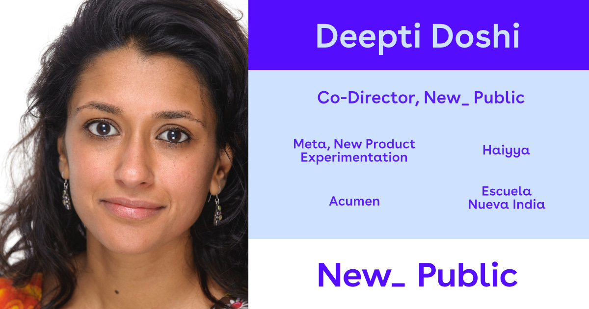 A design with a photo of Deepti at left, and her name, as well as “Co-Director, New_ Public” and her other previous workplaces.
