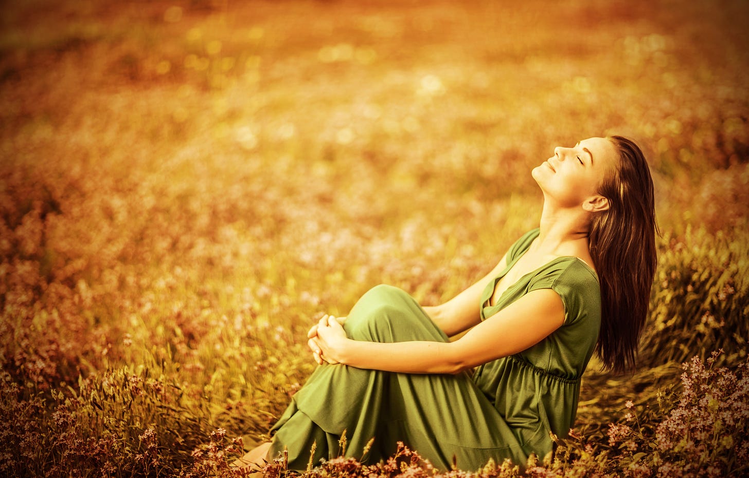 happy girl with long brown hair wearing green dress sitting in golden grassy field with arms around her knees