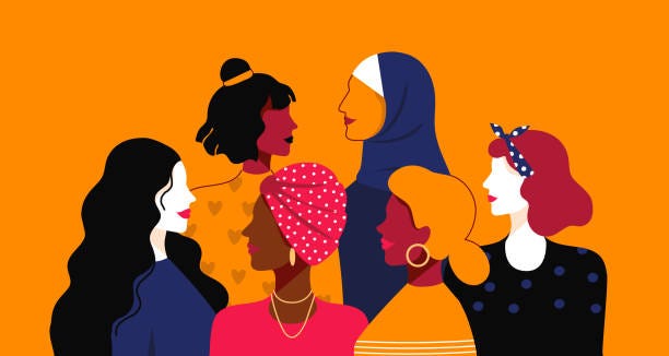 Women empowerment. Cartoon people of different nationalities and religions. Female power community, sisterhood union. Solidarity team and friendly support, vector minimalist illustration Women empowerment. Cartoon young people of different nationalities and religions. Female power community, happy sisterhood union. Solidarity team and friendly support, vector minimalist illustration women stock illustrations