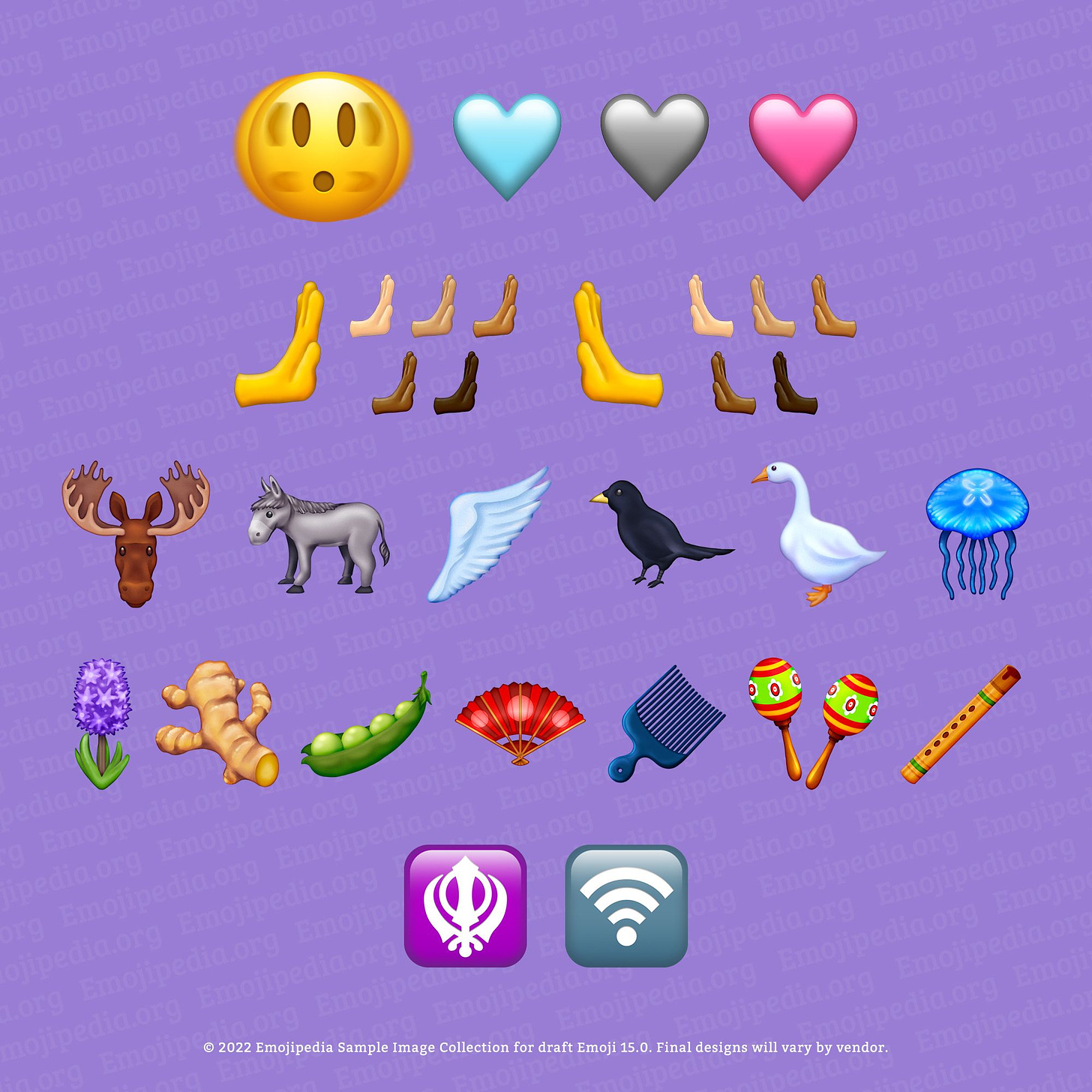 Zu sehen ist eine Auswahl neuer Emojis auf einem lila Hintergrund mit blasser "Emojipedia" Beschriftung