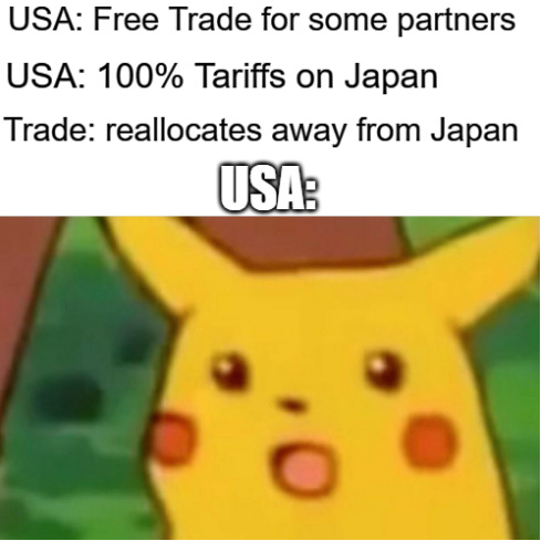 This meme is of course the naive position, which assumes the surprise at Japan’s difficulties is genuine, and that nobody in the administration noticed the timing of implementing trade barriers on one partner and trade accelerants on others
