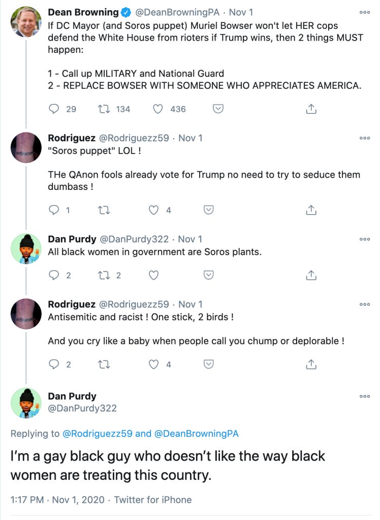 A twitter conversation with a reply from @DanPurdy322 stating: "All black women in government are Soros plants."