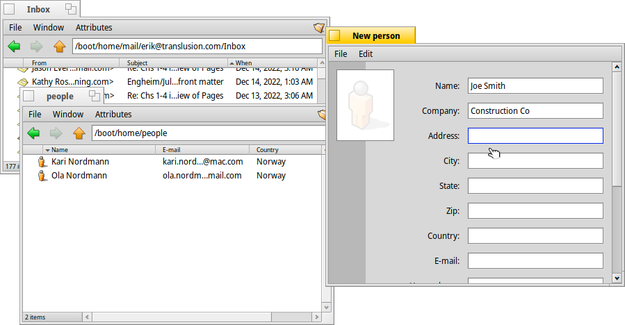 File manager showing list of contacts on the left. Editor for a single person on the right.