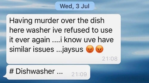 screenshot of the text my mate Dave sent me regarding the pain of the dishwasher