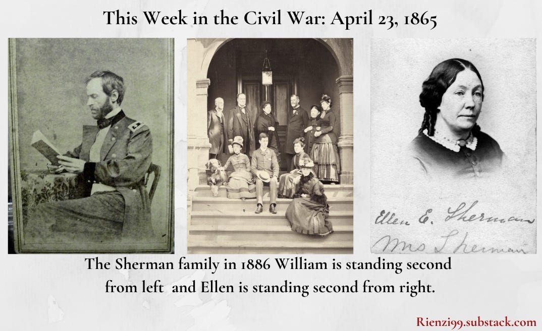 May be an image of 2 people and text that says 'This Week in in the Civil War: April 23, 865 Ellen ៩. Pheruran Mo Lherman The Sherman family in 1886 William is standing second from left and Ellen is standing second from right. Rienzi99.substack.com'