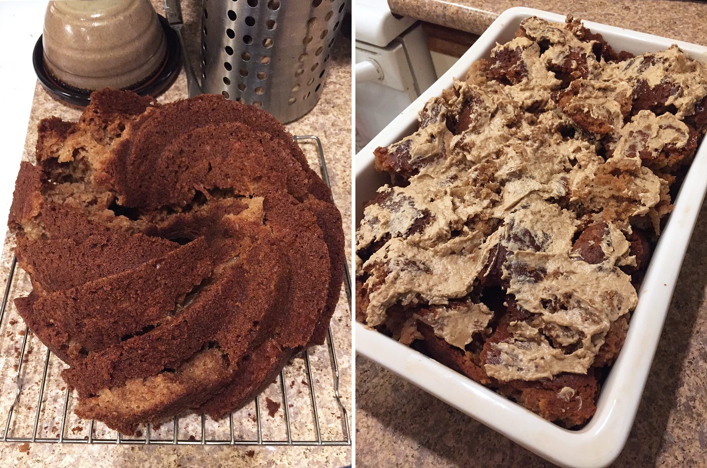left image: on a cooling rack, a bundt cake that has broken apart in at least three places. Right image: a white baking dish with smaller cake chunks in it, covered in smears of brown sugar buttercream.