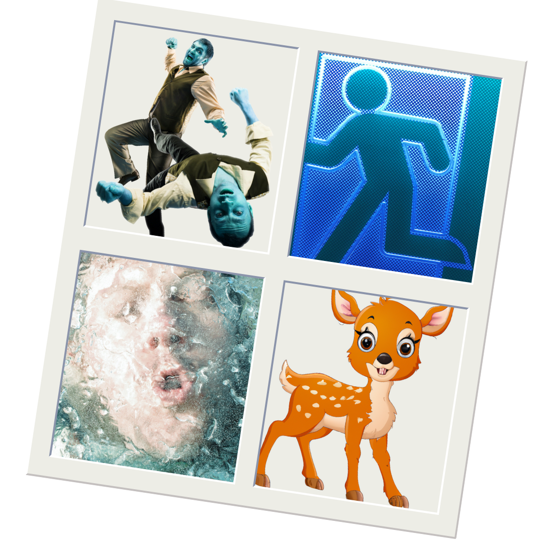 4 images: image 1 is two men fighting, image 2 is a figure on a sign fleeing, image 3 is a man frozen under water, and image 4 is a cartoon fawn