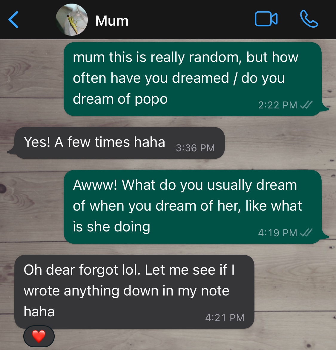 A series of WhatsApp text messages. Me: “mum this is really random, but how often have you dreamed / do you dream of popo”. Mum: “Yes! A few times haha.” Me: “Awww! What do you usually dream of when you dream of her, like what is she doing” Mum: “Oh dear forgot lol. Let me see if I wrote anything down in my note haha” [I have left a ‘heart’ emoji on this message]