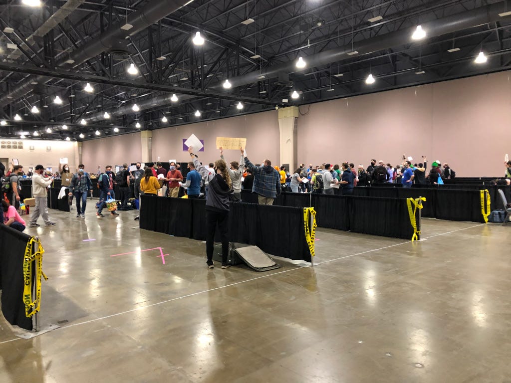 Board Game Geek virtual swap meet traders in the PAX Unplugged queue area