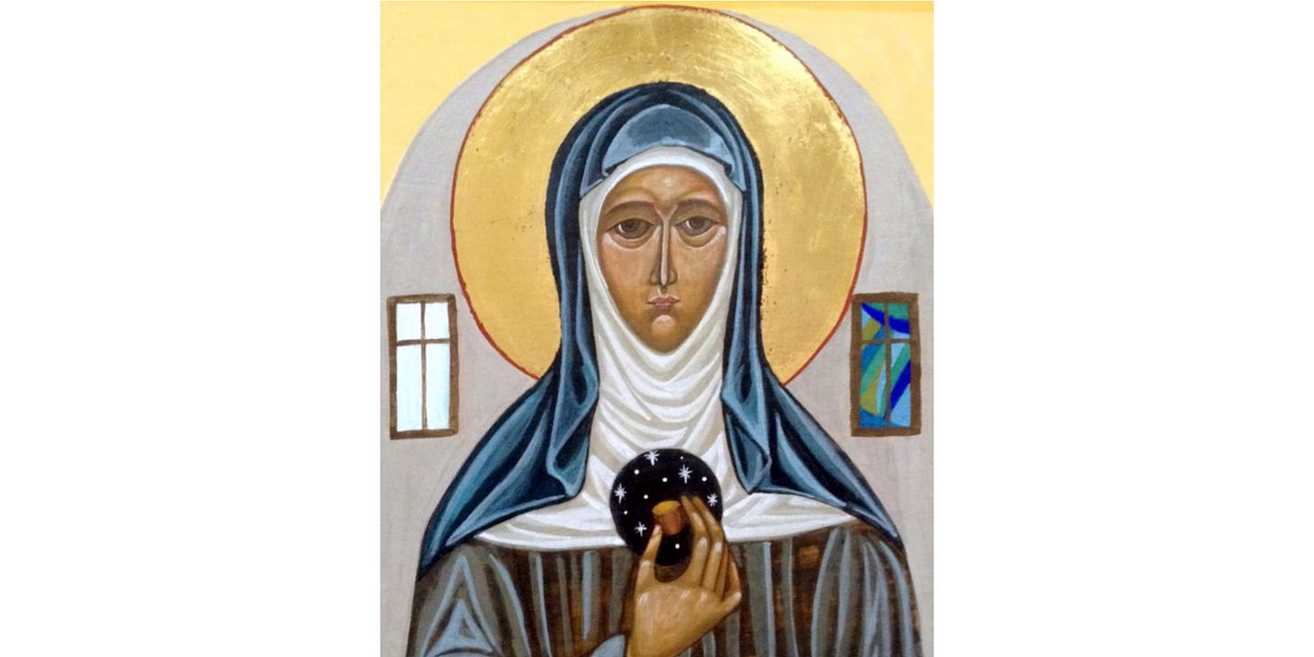 Julian of Norwich holding the hazelnut of the cosmos, artist unknown