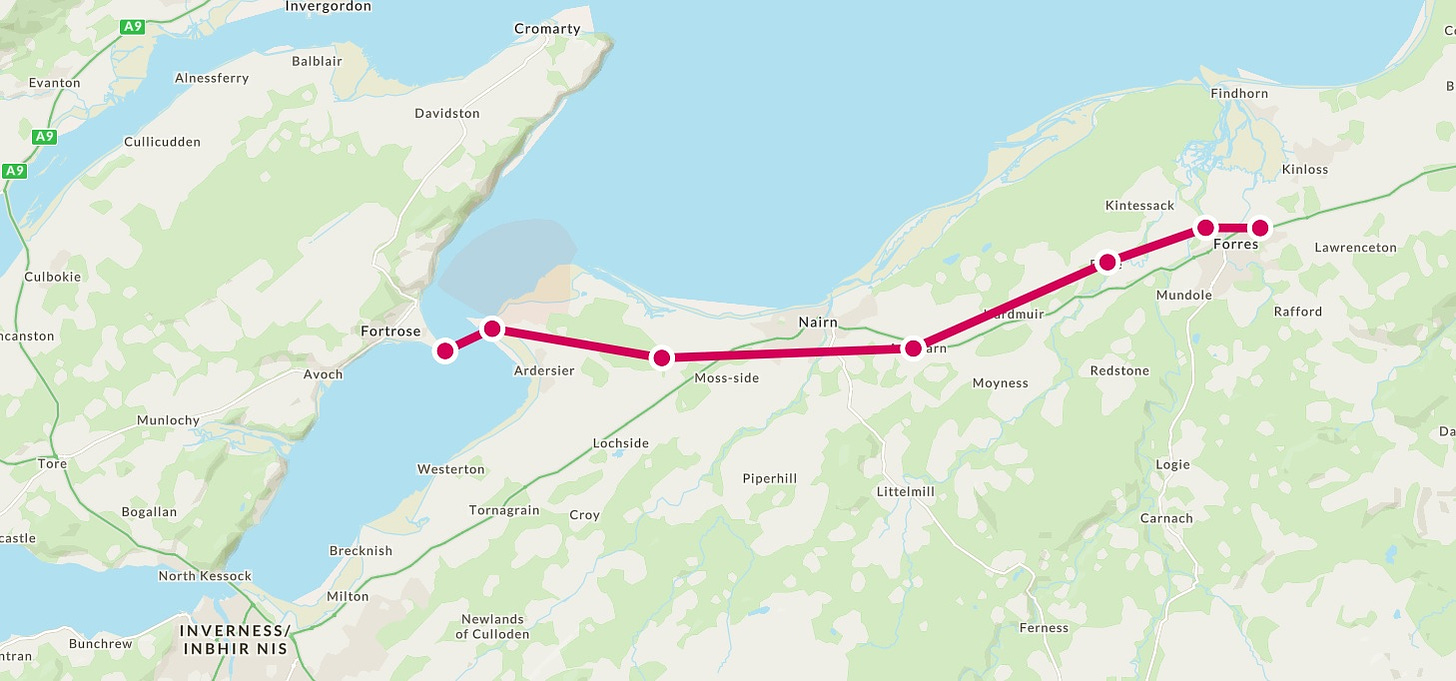 Map showing a possible early medieval routeway between Fortrose/Rosemarkie and Forres, passing through Dyke before crossing the Findhorn and entering Forres