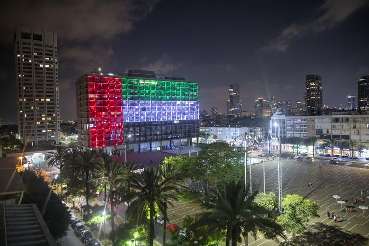 Tel Aviv's city hall lit up with the UAE flag.