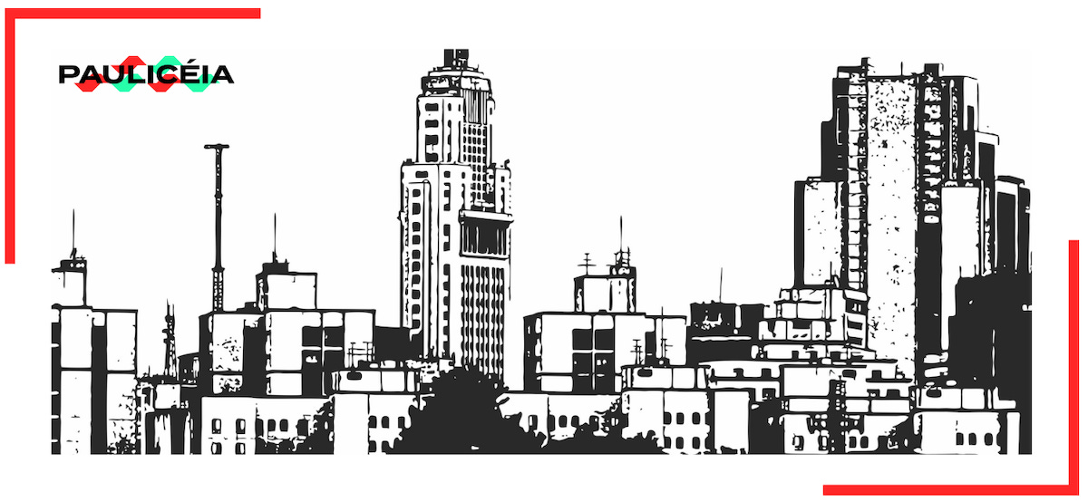 Desenho em preto e branco com paisagem de vários prédios no centro de São Paulo.