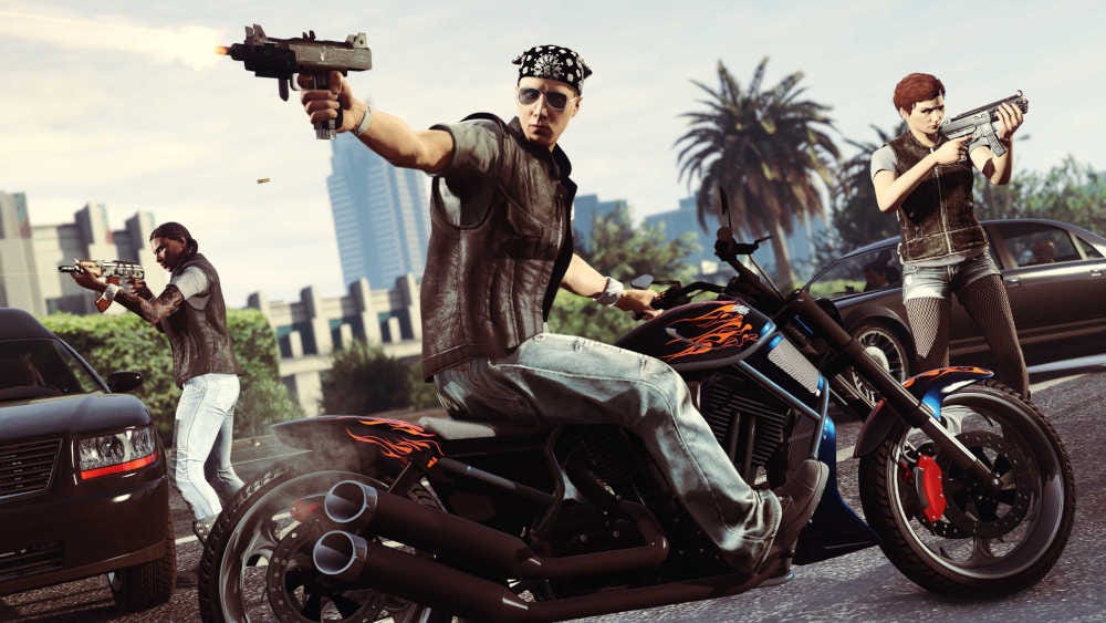 A man riding a motorcycle carrying an Uzi in GTA 5