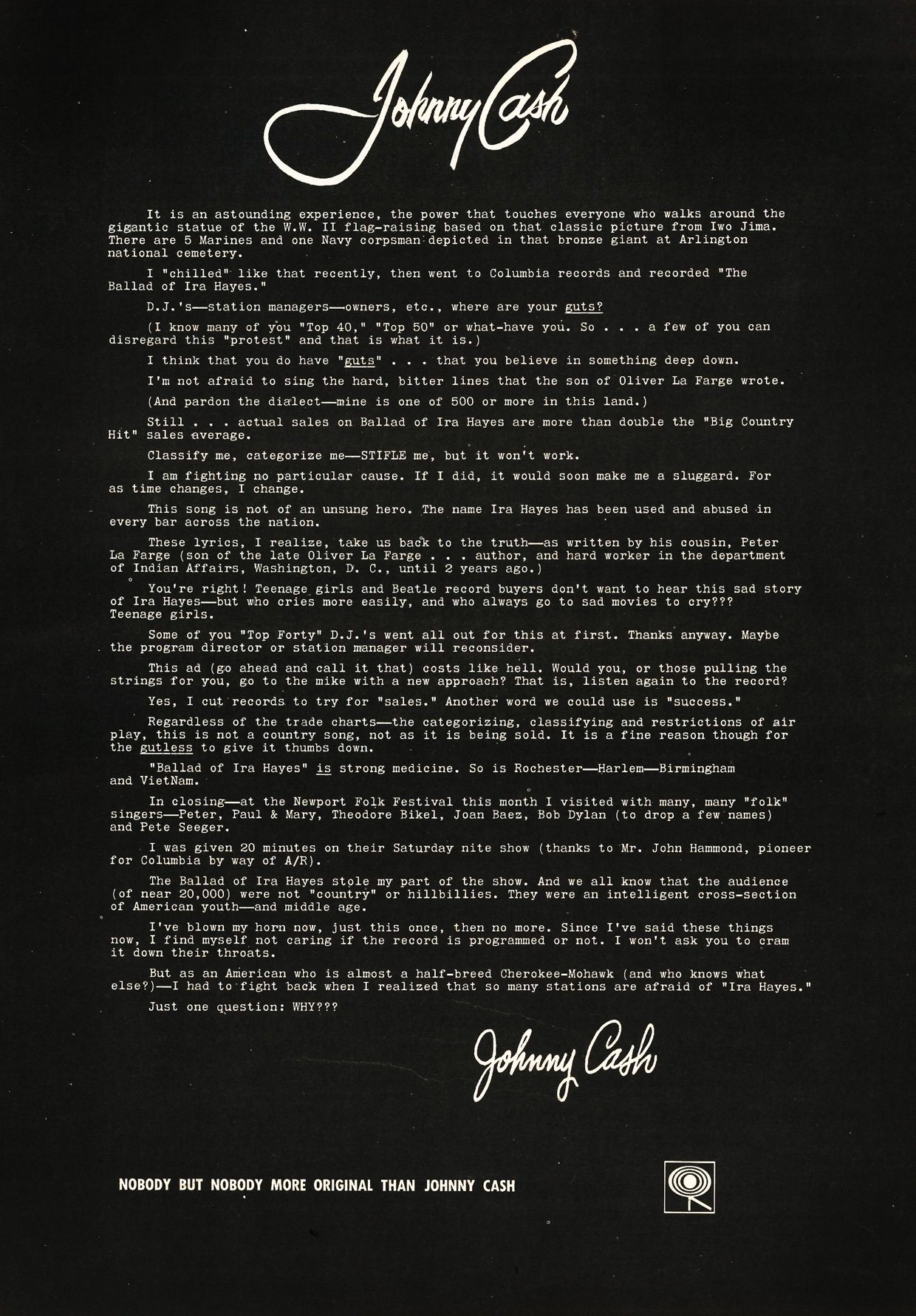 Saving Country Music on Twitter: "On this day in 1964, Johnny Cash took a  full page Billboard ad to call out country radio for not having guts to  play "Ballad of Ira