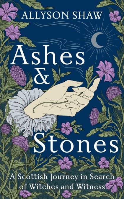 Cover of the book Ashes and Stones by Allyson Shaw. An illustration of a hand with a ruff holds a pink flower, surrounded by thistles. The background is dark blue and there is a glowing crescent moon