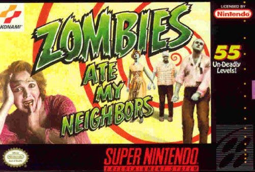 The SNES box art for Zombies Ate My Neighbors, featuring B-movie style horrors and horrified folks