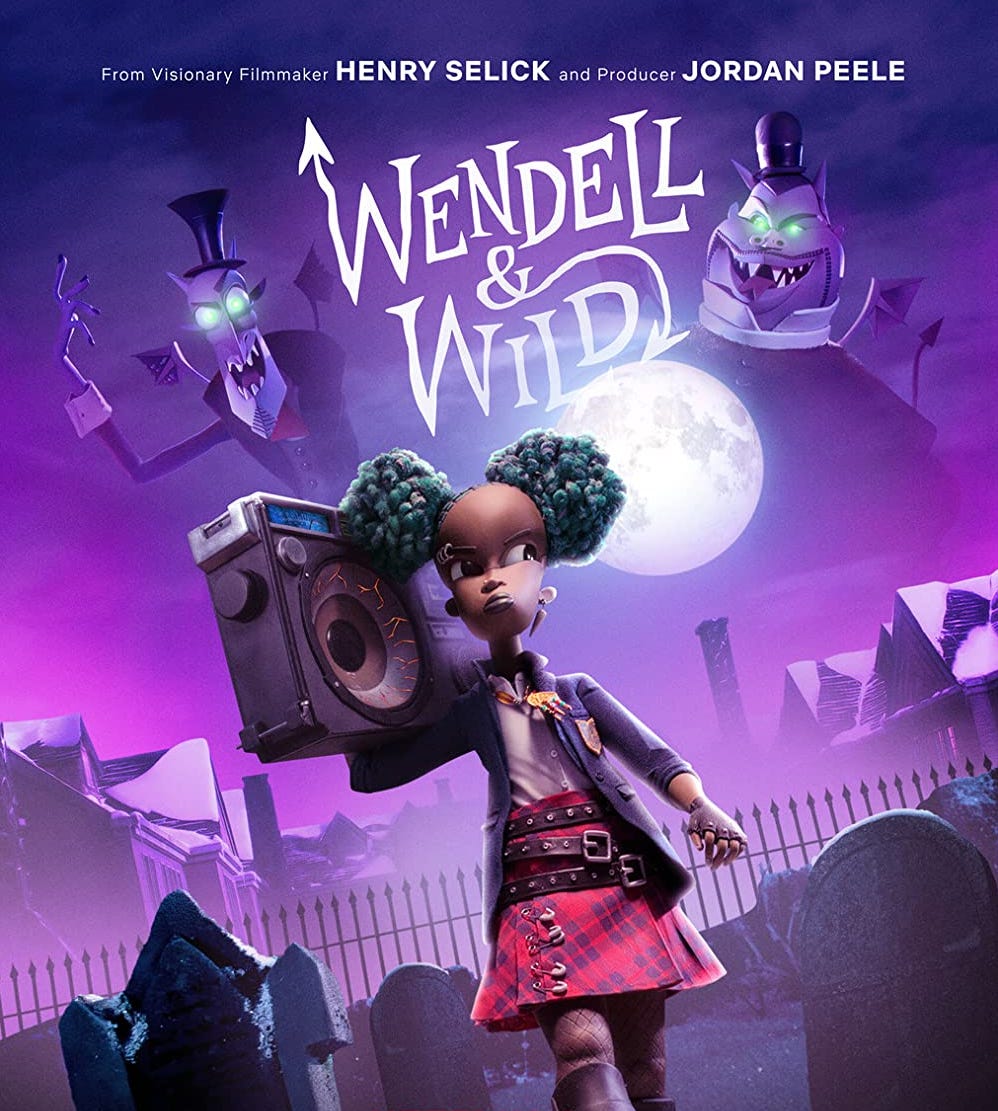 The movie poster for Wendell & Wild, which shows a girl holding a boombox and a graveyard, with two demons over her shoulders
