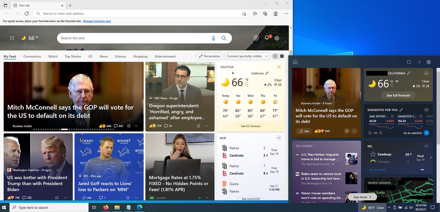 The new Microsoft Edge default landing page and Windows 10 "News and Interests" side by side.