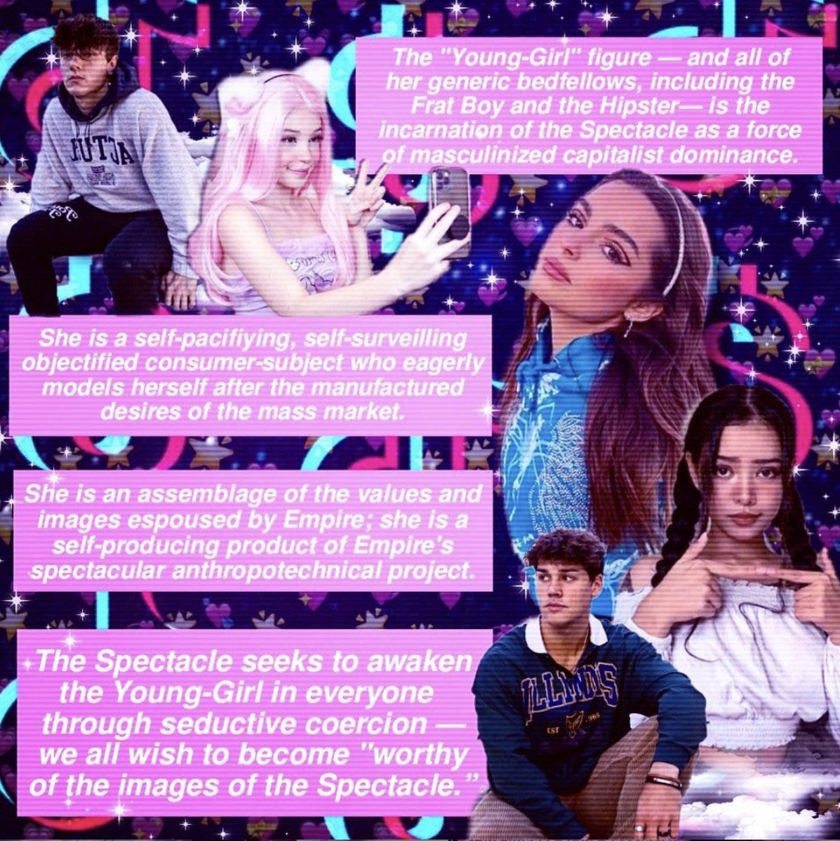 A collage by @horny_wretch on the Tiqqun-e-girl pipeline, featuring Belle Delphine, among other influencers. (Photo: @horny_wretch)