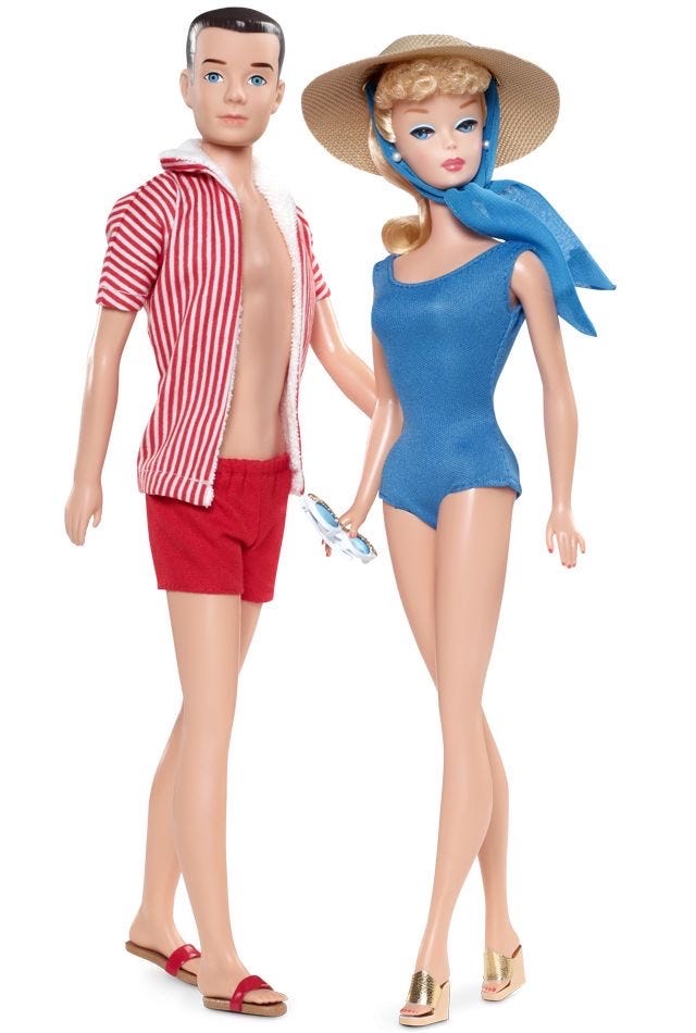 60s versions of Barbie and Ken (Barbie blonde in a blue one piece swim suit and Ken, dark hair and blue eyed, bare chested in an open red button down and matching swim trunks)