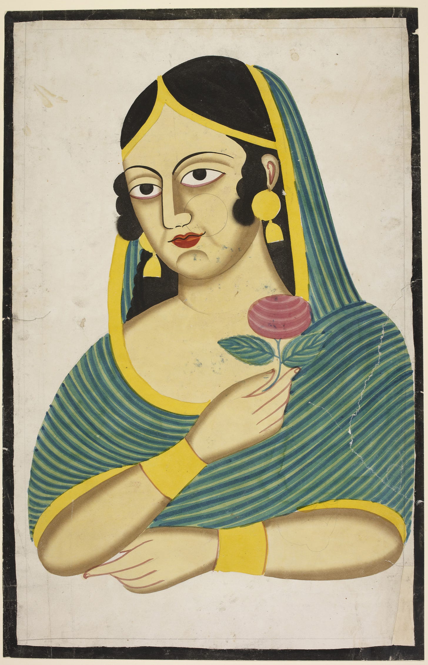 A painting of a woman dressed in a green dupatta which is draped around her and over her head, holding a rose in one hand. She is wearing golden earrings and bangles.