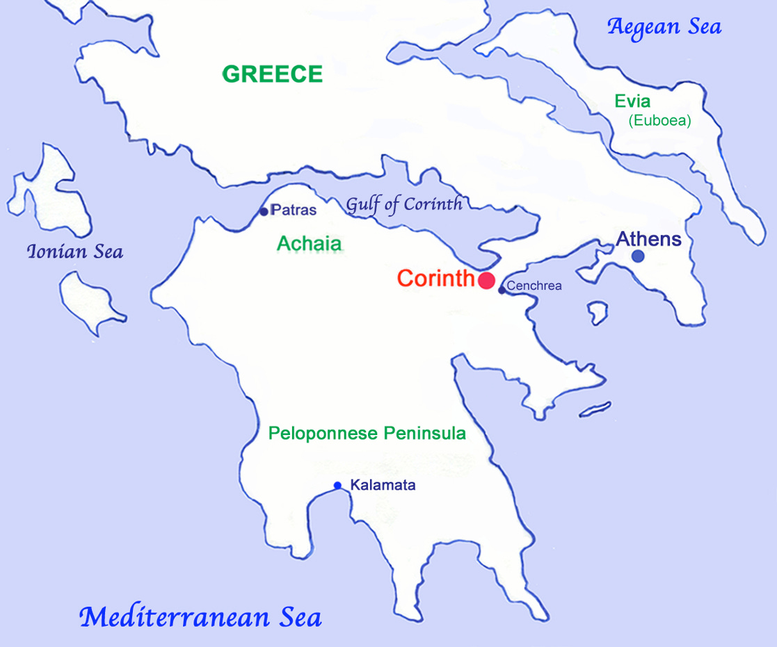 A map showing Corinth in red.