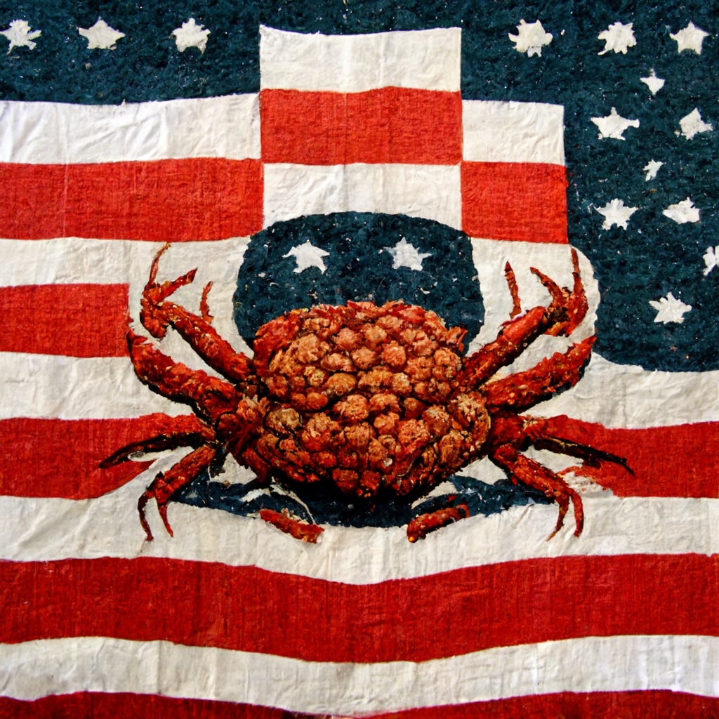 An image generated by DALL-E showing a fabric-textured flag with some mixed up elements of the American flag (red and white stripes, blue fields with stars) and in the center what looks like a crab if it were made of fabric and sewn into a flag. 
