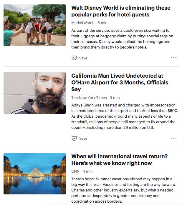 Selection of three recent boring travel articles