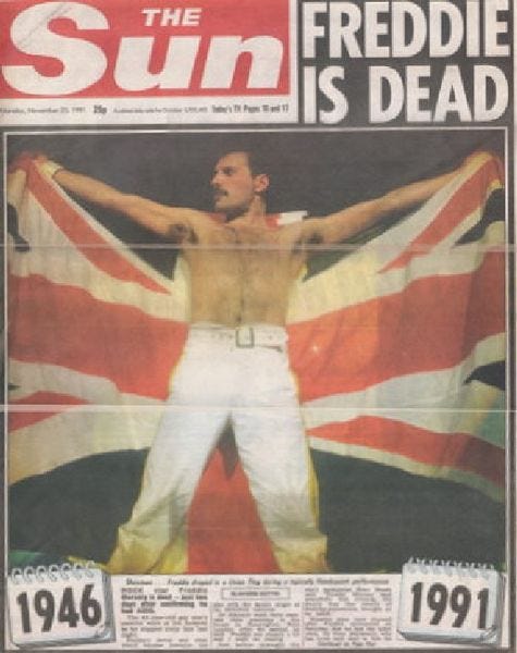 The Sun front page announcing Freddie's death