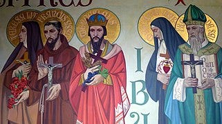 File:Saint Anthony of Padua Catholic Church (Dayton, Ohio) - mural detail, Sts. Therese of Lisieux, Francis of Assisi, Wenceslaus, Margaret Mary, & Francis de Sales.JPG