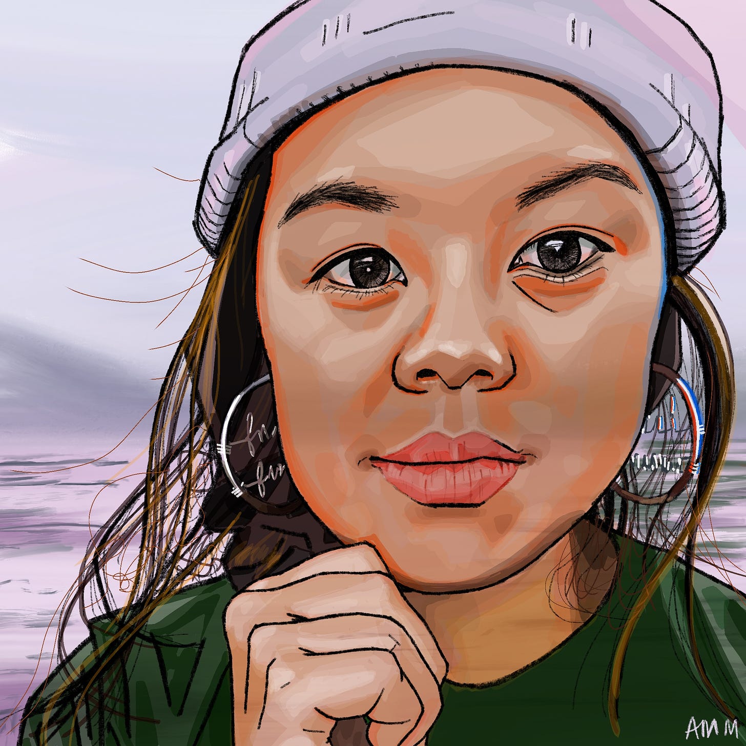 Illustration of Erica in a grey toque and hoop earrings, she faces the camera with the water behind her