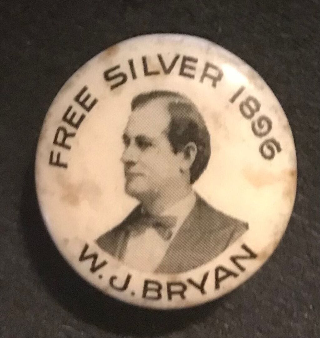 Image 1 - ORIGINAL 1896 7/8&#034; WILLIAM J BRYAN &#034;FREE SILVER 1896&#034; LAPEL STUD BUTTON