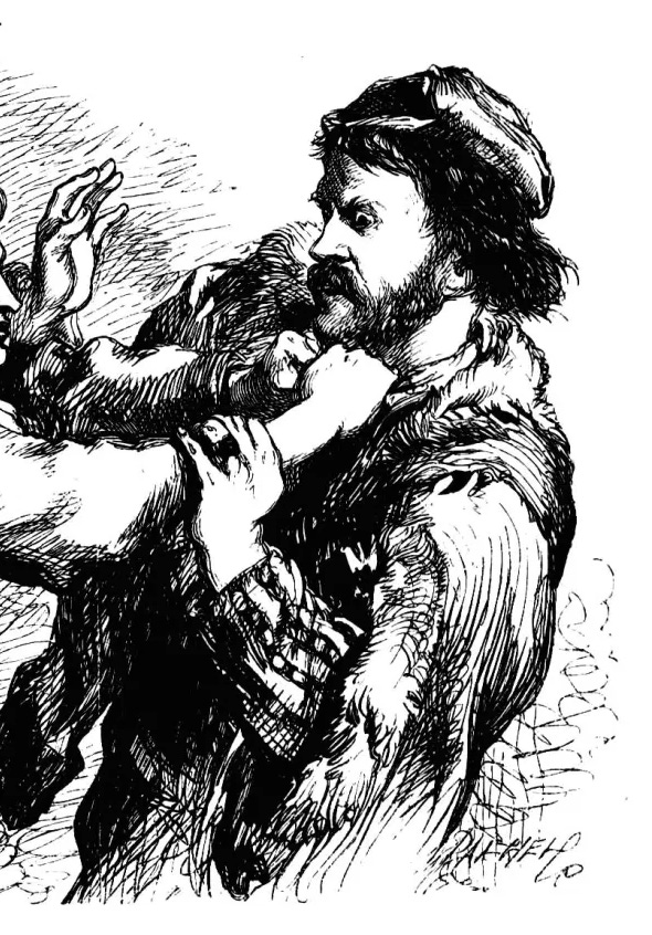 A black and white etching of a man with black hair and a black beard being strangled by a pair of arms reaching in from out of the frame