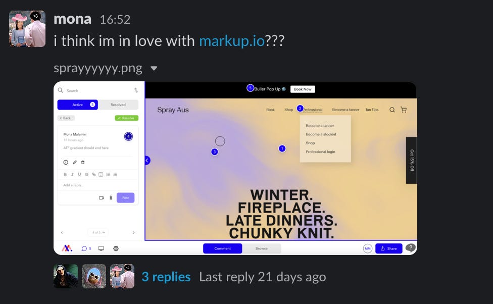 Screenshot of a slack message from Mona about falling in love with markup.io