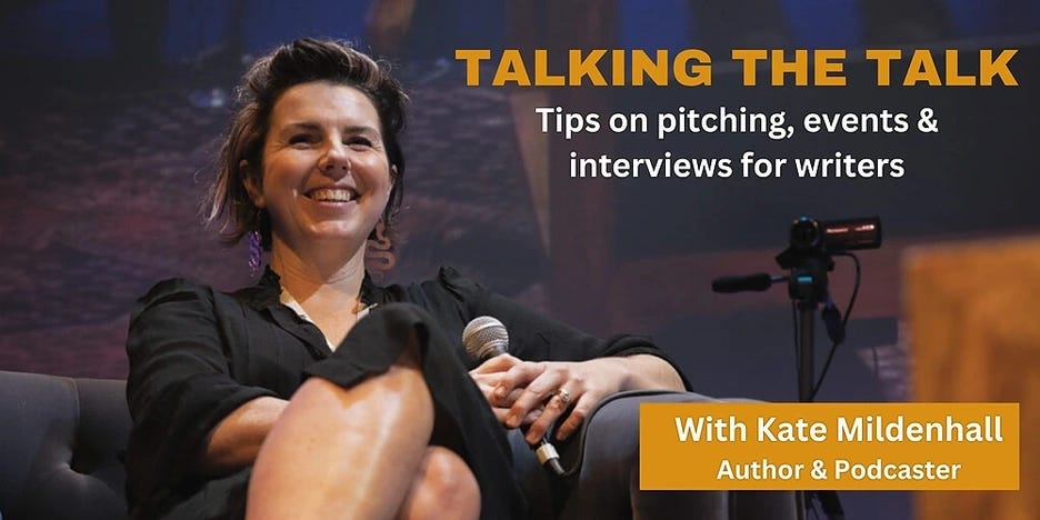 The banner for Kate Mildenhall's Talking The Talk seminar, with a photo of Kate on it